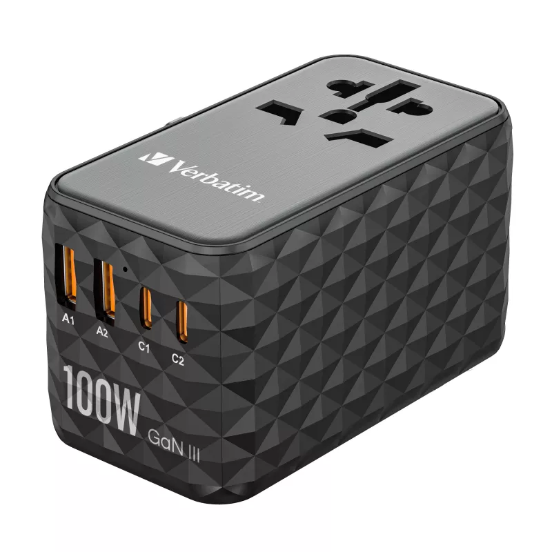 Verbatim UTA-06 100W GaN III Universalus kelioninis adapteris su 2 x USB-C PD & QC 4+ ir 2 x USB-A QC 3.0 prievadais
