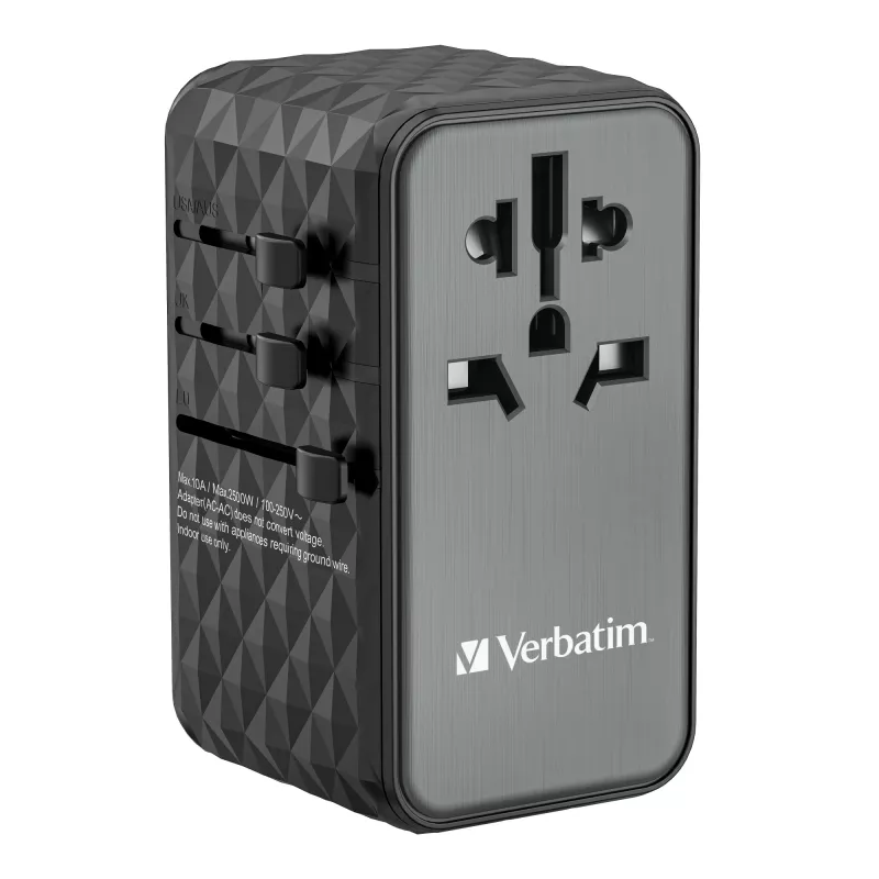 Verbatim UTA-06 100W GaN III Universalus kelioninis adapteris su 2 x USB-C PD & QC 4+ ir 2 x USB-A QC 3.0 prievadais