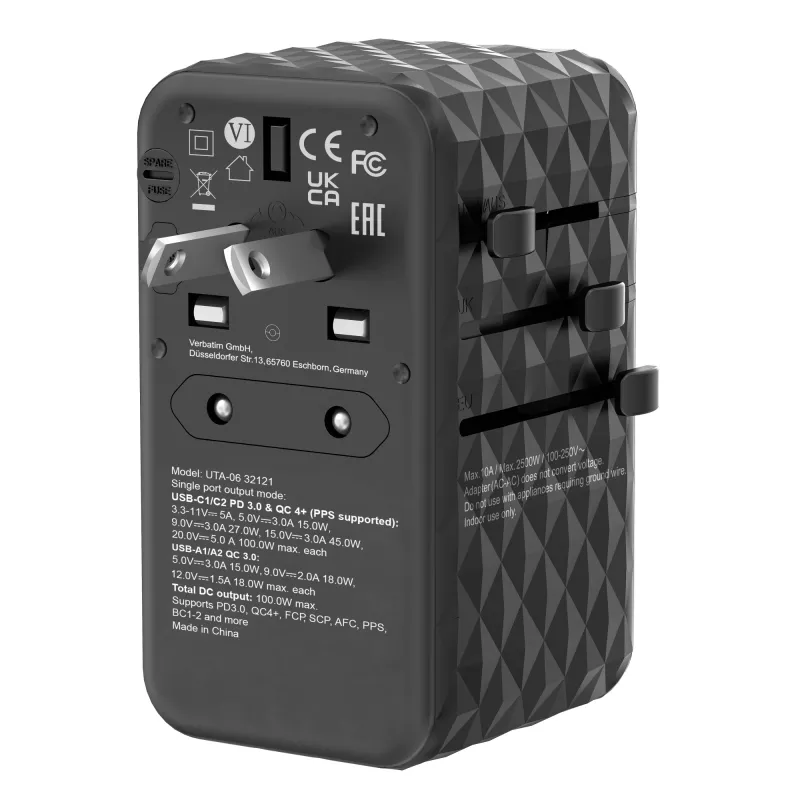Verbatim UTA-06 100W GaN III Universalus kelioninis adapteris su 2 x USB-C PD & QC 4+ ir 2 x USB-A QC 3.0 prievadais