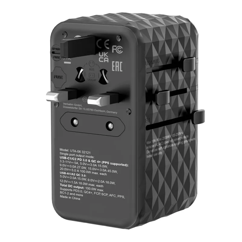 Verbatim UTA-06 100W GaN III Universalus kelioninis adapteris su 2 x USB-C PD & QC 4+ ir 2 x USB-A QC 3.0 prievadais
