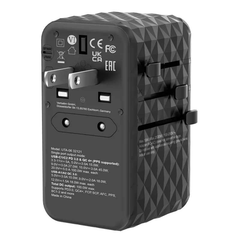 Verbatim UTA-06 100W GaN III Universalus kelioninis adapteris su 2 x USB-C PD & QC 4+ ir 2 x USB-A QC 3.0 prievadais