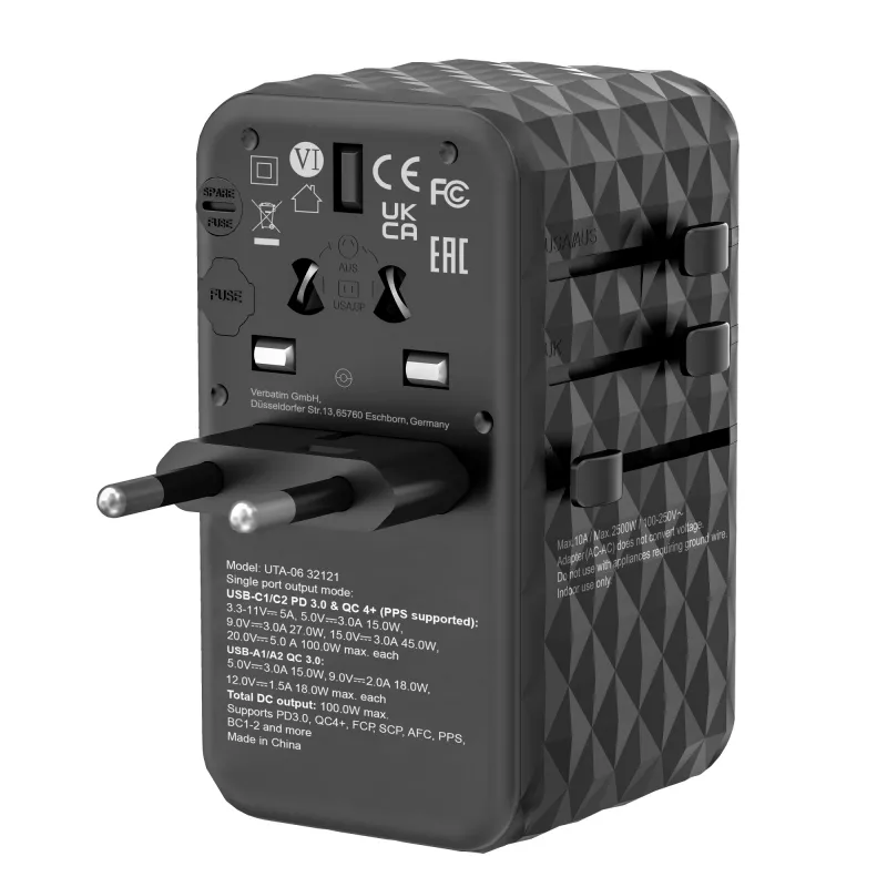 Verbatim UTA-06 100W GaN III Universalus kelioninis adapteris su 2 x USB-C PD & QC 4+ ir 2 x USB-A QC 3.0 prievadais