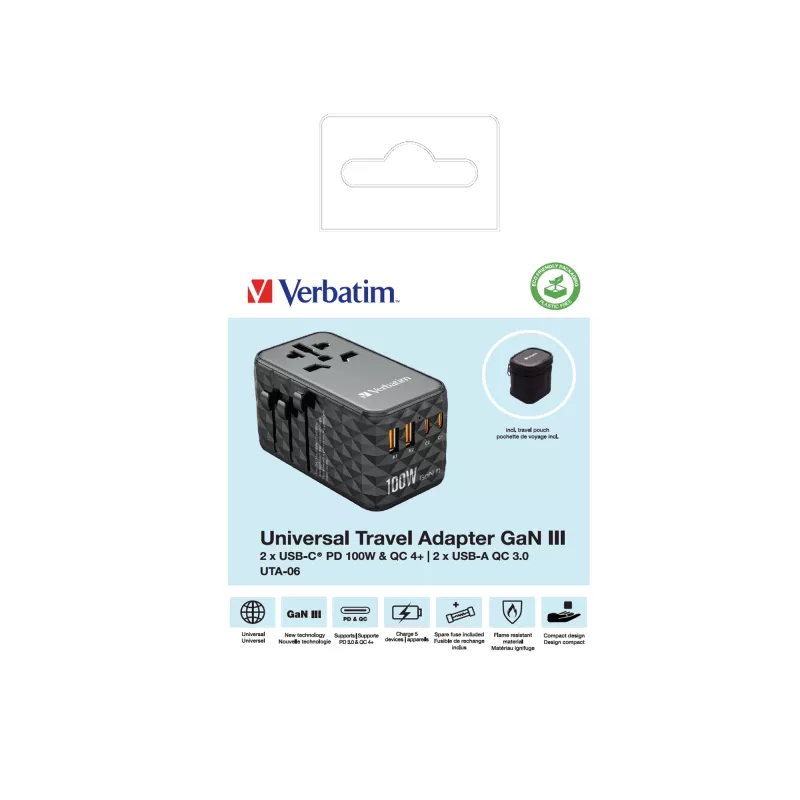 Verbatim UTA-06 100W GaN III Universalus kelioninis adapteris su 2 x USB-C PD & QC 4+ ir 2 x USB-A QC 3.0 prievadais