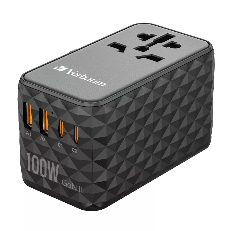 Verbatim UTA-06 100W GaN III Universalus kelioninis adapteris su 2 x USB-C PD & QC 4+ ir 2 x USB-A QC 3.0 prievadais
