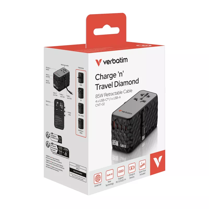 Verbatim Charge 'n' Travel Diamond 85W ištraukiamas laidas CNT-02