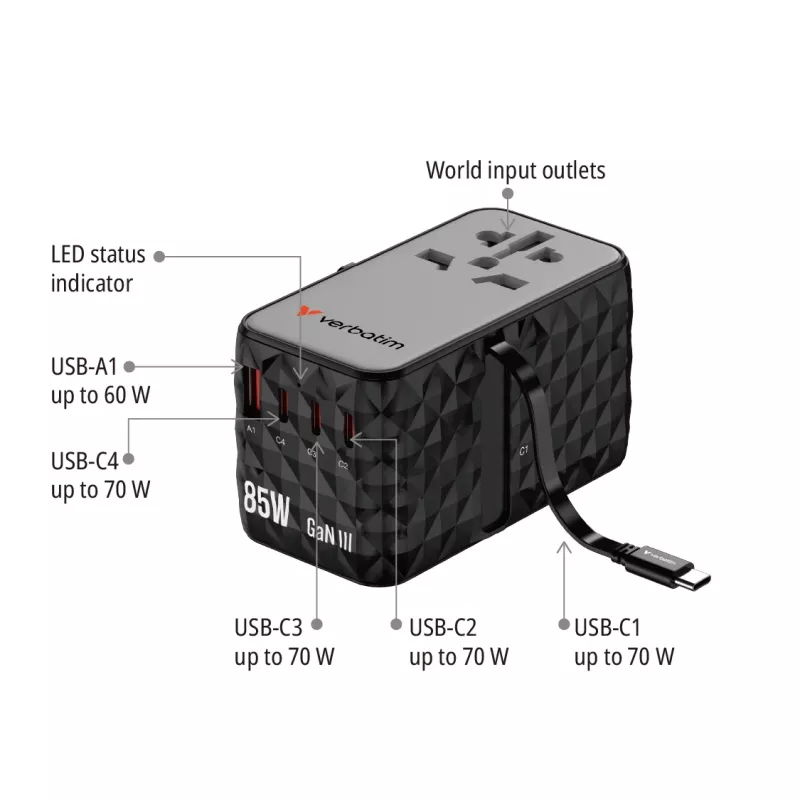 Verbatim Charge 'n' Travel Diamond 85W ištraukiamas laidas CNT-02