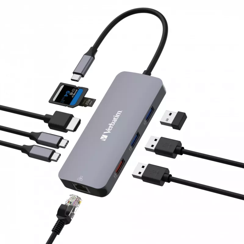 Verbatim CMH-09 USB Type-C 9 prievadų multiportų šakotuvas, 10000 Mbit/s, sidabrinis