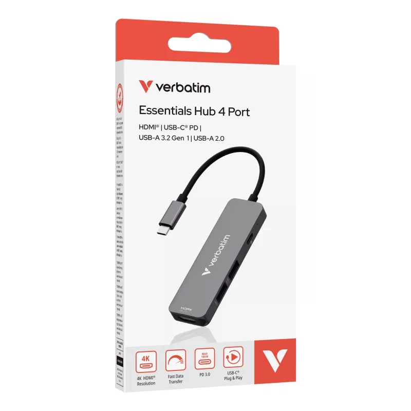 Verbatim USB-C Essentials Multiport Hub 4 prievadai: HDMI, USB-C PD, USB-A 3.2 Gen 1, USB-A
