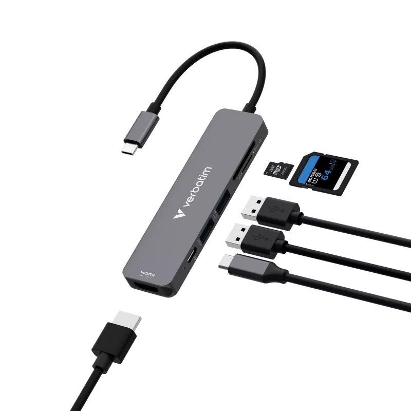 Verbatim USB-C Essentials Multiport Hub 6 prievadai: HDMI, USB-C PD, USB-A 3.2 Gen 1, USB-A, SD ir microSD