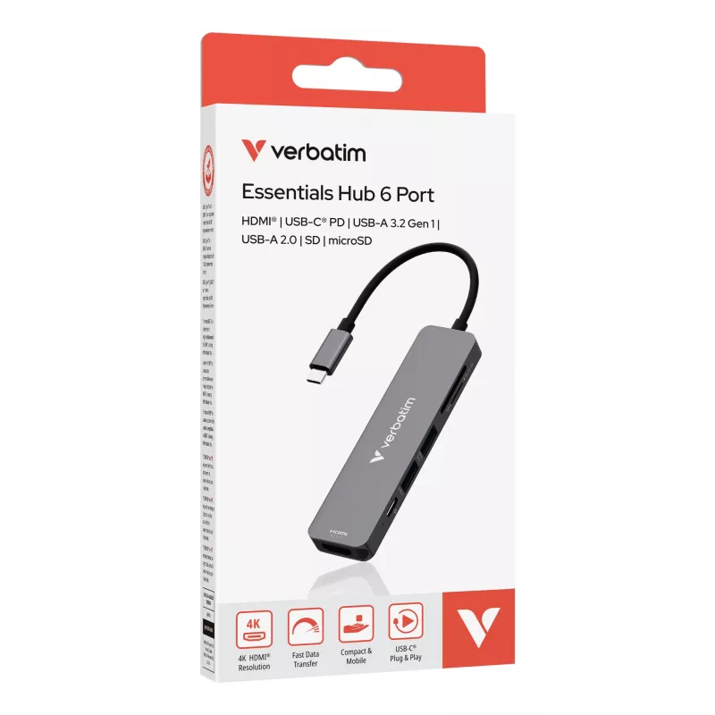 Verbatim USB-C Essentials Multiport Hub 6 prievadai: HDMI, USB-C PD, USB-A 3.2 Gen 1, USB-A, SD ir microSD