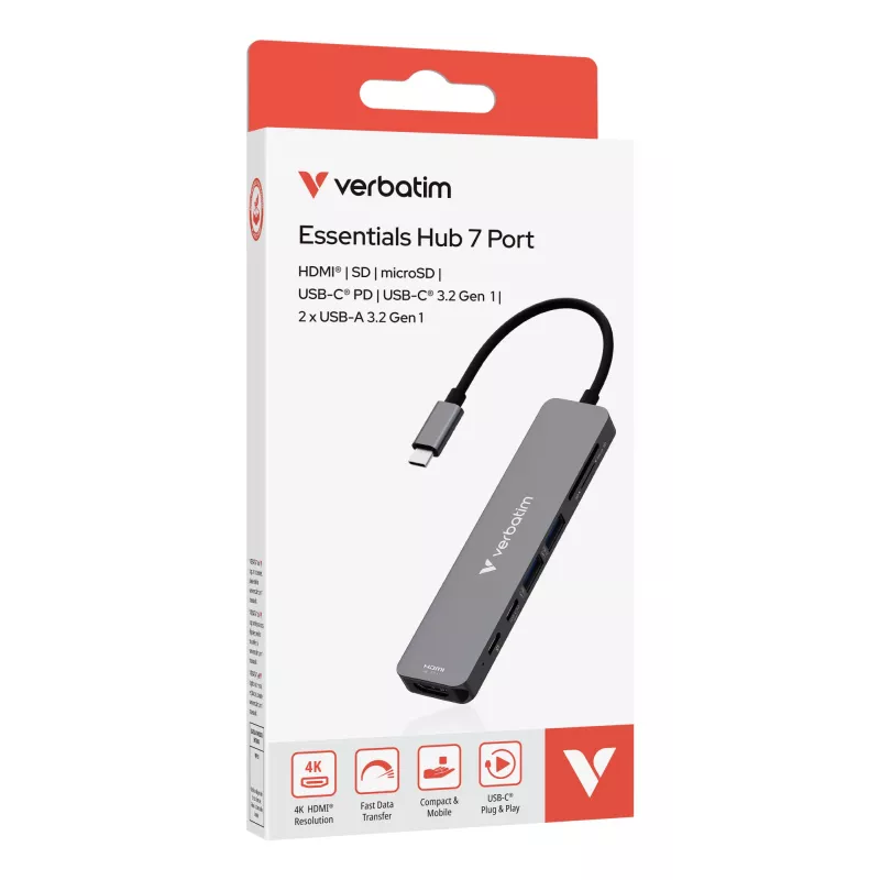 Verbatim USB-C Essentials Multiport Hub 7 prievadų: HDMI, USB-C, USB-C 3.2 Gen 1, 2 x USB-A 3.2 Gen 1, SD ir microSD