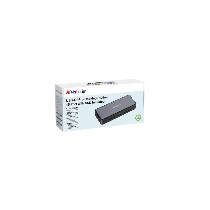 Verbatim CDS-15SSD USB 3.2 Gen 1 (3.1 Gen 1) Type-C dokavimo stotelė su 256 GB SSD, juoda, pilka