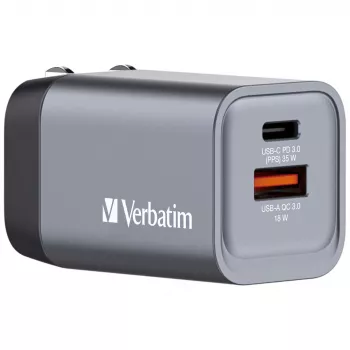 Verbatim GNC-35 GaN įkroviklis 35W su 1 x USB-C PD 35W / 1 x USB-A QC 3.0 (ES/JAV/JK)