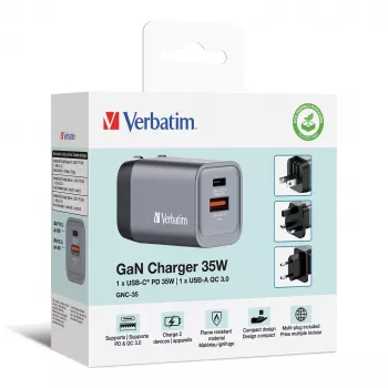 Verbatim GNC-35 GaN įkroviklis 35W su 1 x USB-C PD 35W / 1 x USB-A QC 3.0 (ES/JAV/JK)