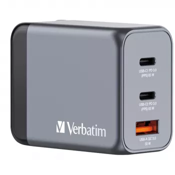 Verbatim GNC-65 GaN įkroviklis 65W su 2 x USB-C PD 65W / 1 x USB-A QC 3.0 (EU/UK/US)