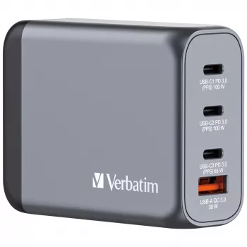 Verbatim GNC-100 GaN įkroviklis 100W su 2 x USB-C PD 100W / 1 x USB-C PD 65W / 1 x USB-A QC 3.0 (ES/JK/JAV)