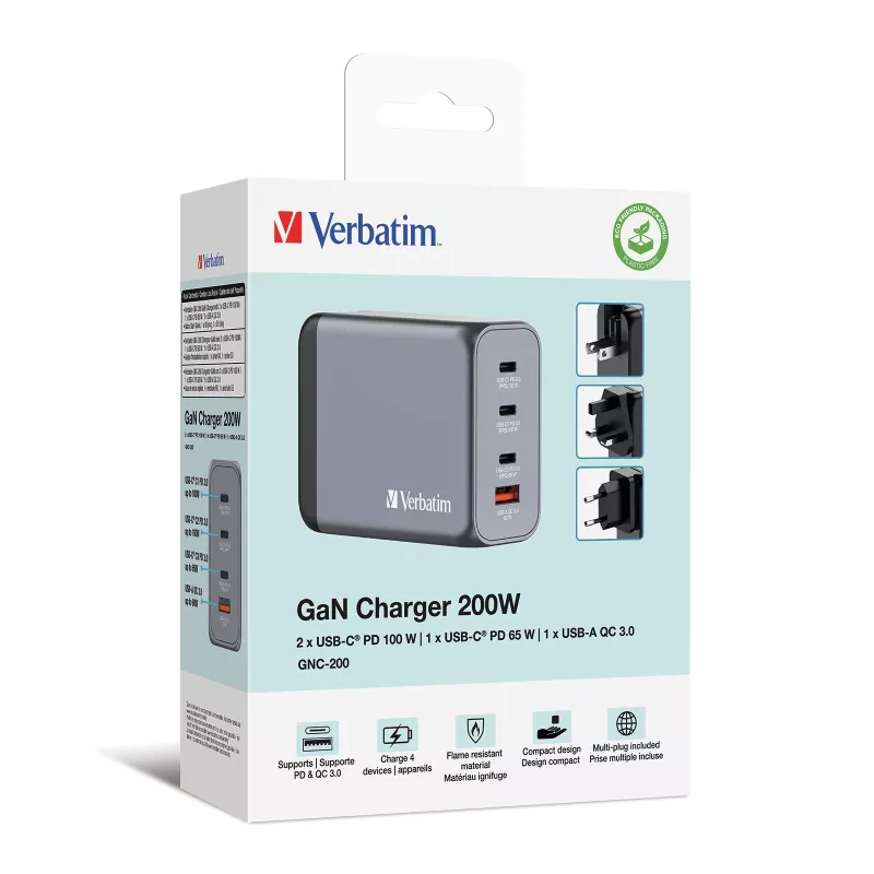 Verbatim GNC-200 200W GaN įkroviklis su 2 x USB-C PD 100W / 1 x USB-C PD 65W / 1 x USB QC 3.0 (EU/UK/US)