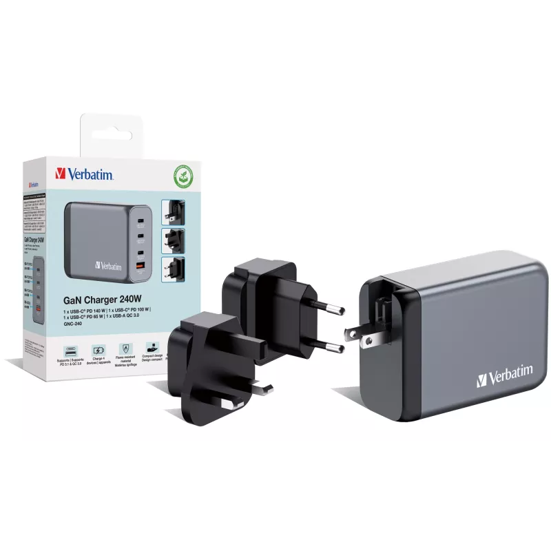Verbatim GNC-240 GaN įkroviklis 240W su 1 x USB-C 140W / 1 x USB-C 100W / 1 x USB-C 65W / 1 x USB-A QC 3.0 (EU/UK/US)