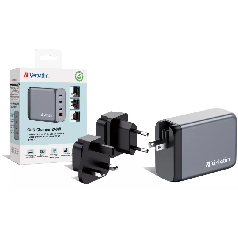 Verbatim GNC-240 GaN įkroviklis 240W su 1 x USB-C 140W / 1 x USB-C 100W / 1 x USB-C 65W / 1 x USB-A QC 3.0 (EU/UK/US)