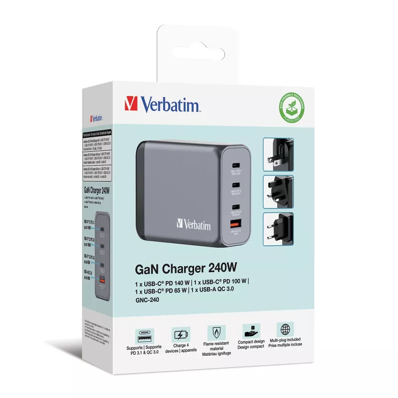 Verbatim GNC-240 GaN įkroviklis 240W su 1 x USB-C 140W / 1 x USB-C 100W / 1 x USB-C 65W / 1 x USB-A QC 3.0 (EU/UK/US)