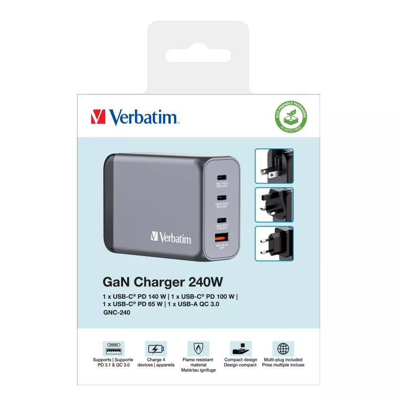 Verbatim GNC-240 GaN įkroviklis 240W su 1 x USB-C 140W / 1 x USB-C 100W / 1 x USB-C 65W / 1 x USB-A QC 3.0 (EU/UK/US)