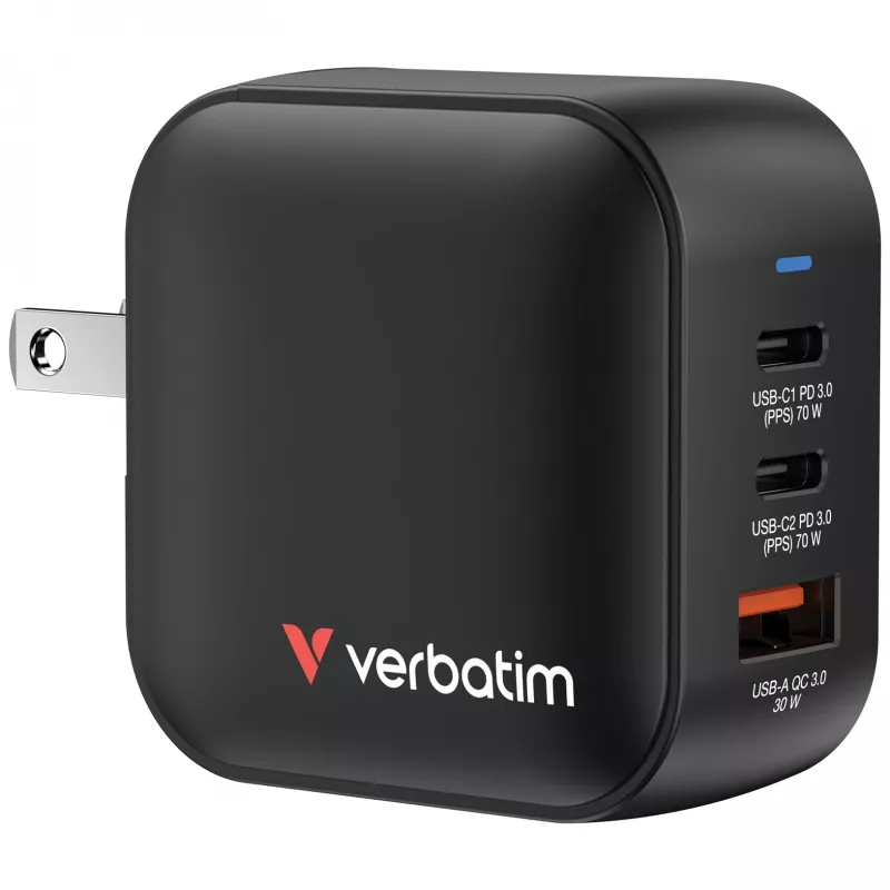 Verbatim Mini GaN Įkroviklis 70W 3 Prievadai US kištukas su EU ir UK adapteriais
