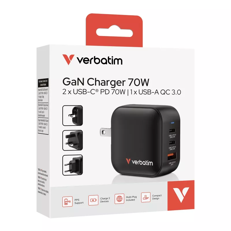 Verbatim Mini GaN Įkroviklis 70W 3 Prievadai US kištukas su EU ir UK adapteriais