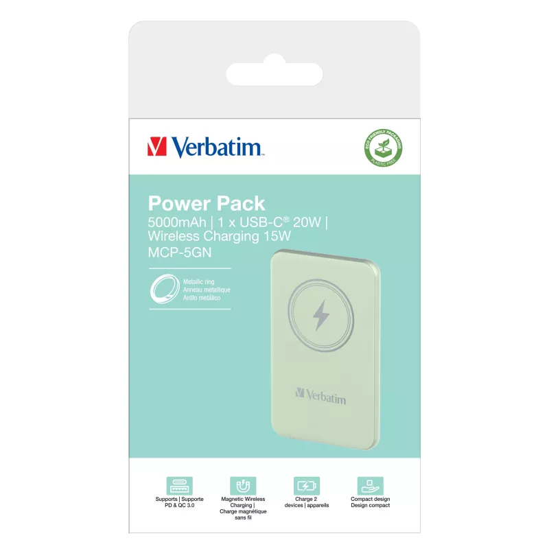 Verbatim Charge 'n' Go belaidė magnetinė Power Bank 5000mAh Žalia