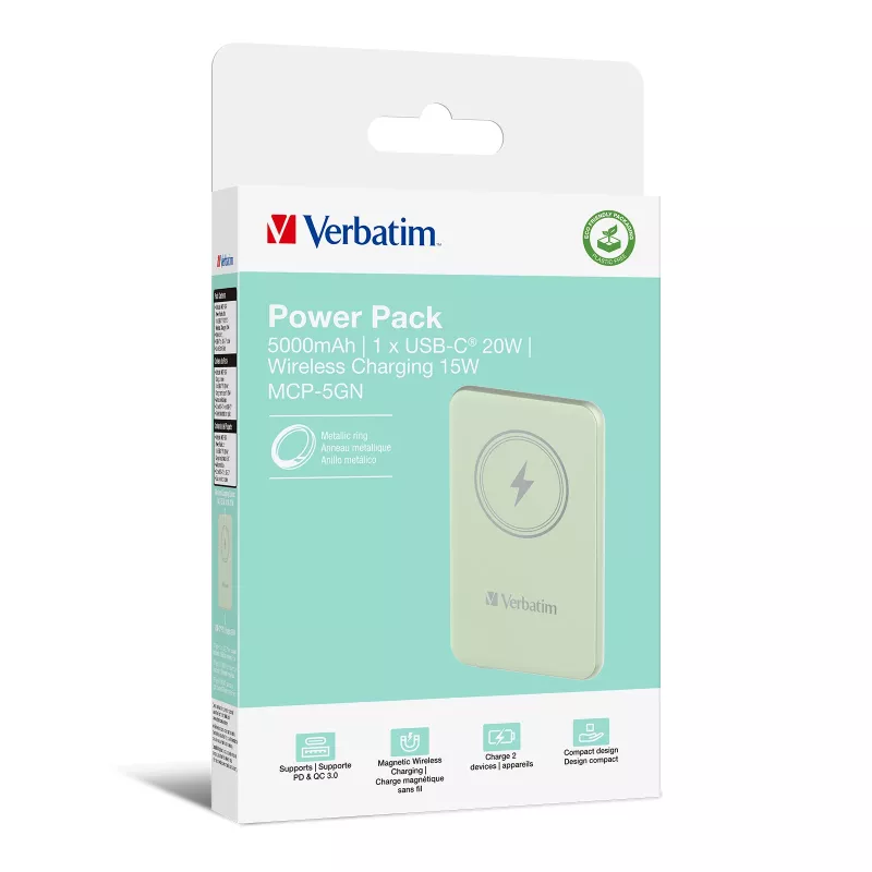 Verbatim Charge 'n' Go belaidė magnetinė Power Bank 5000mAh Žalia