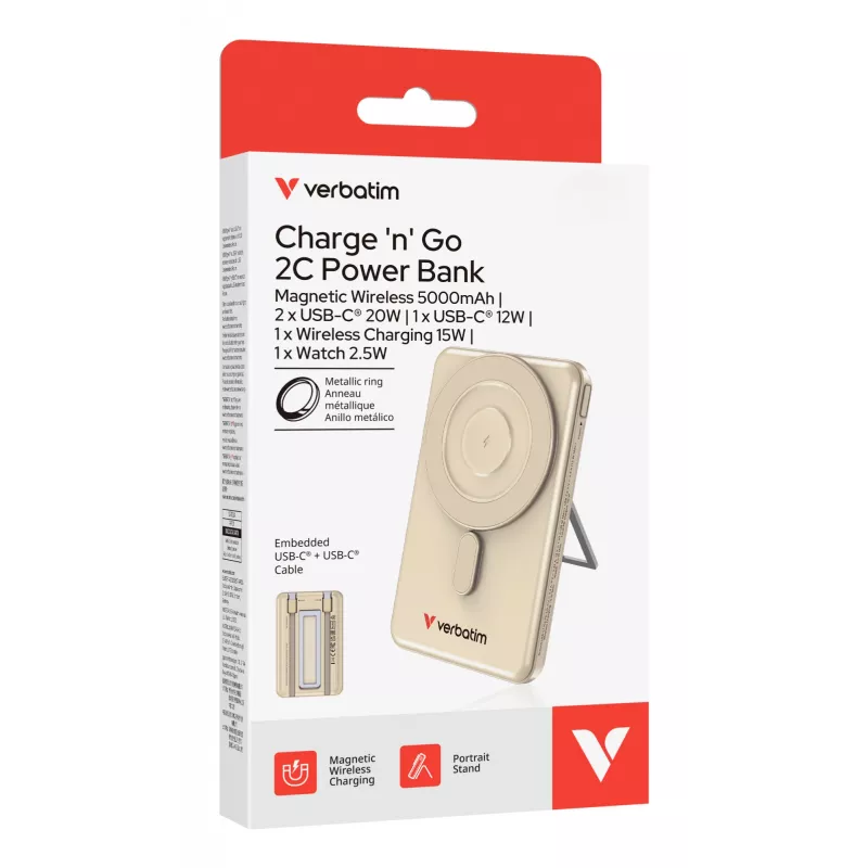 Verbatim Charge'n'Go 2C power bank 5000 mAh Gold, 5000 mAh, polimerinis, Adaptive Fast Charging, Power Delivery 3.0, Quick Charge 3.0, belaidis įkrovimas, 3.85 V, 20 W