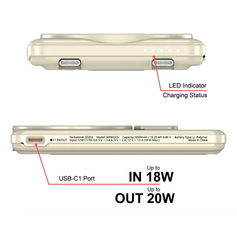 Verbatim Charge'n'Go 2C power bank 5000 mAh Gold, 5000 mAh, polimerinis, Adaptive Fast Charging, Power Delivery 3.0, Quick Charge 3.0, belaidis įkrovimas, 3.85 V, 20 W