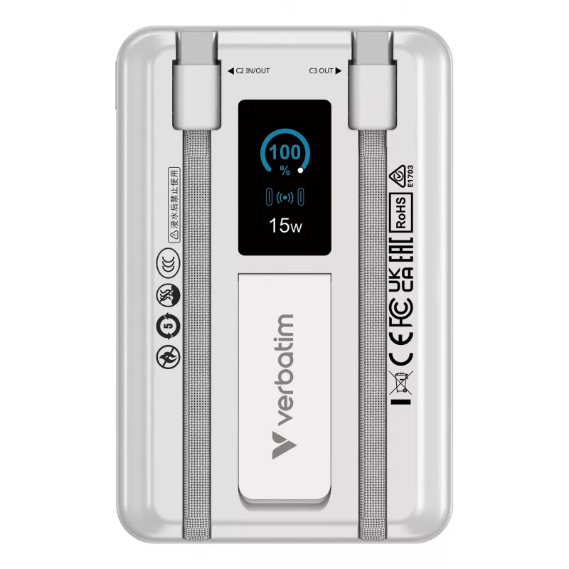 Verbatim Charge'n'Go 2C & Display Power Bank 10000 mAh sidabrinis