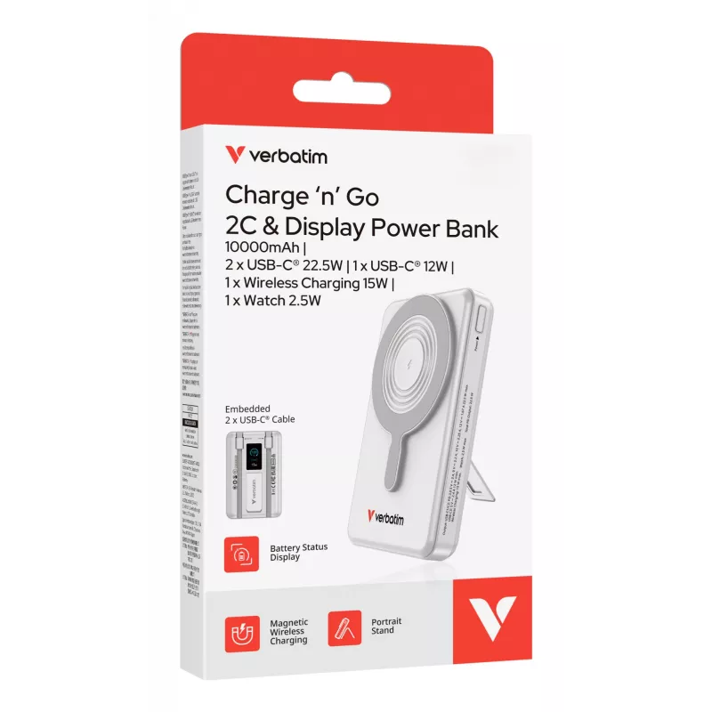 Verbatim Charge'n'Go 2C & Display Power Bank 10000 mAh sidabrinis