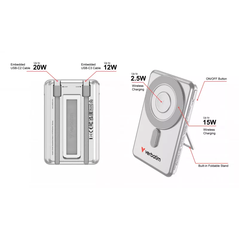 Verbatim Charge'n'Go 2C Power Bank 5000 mAh sidabrinė