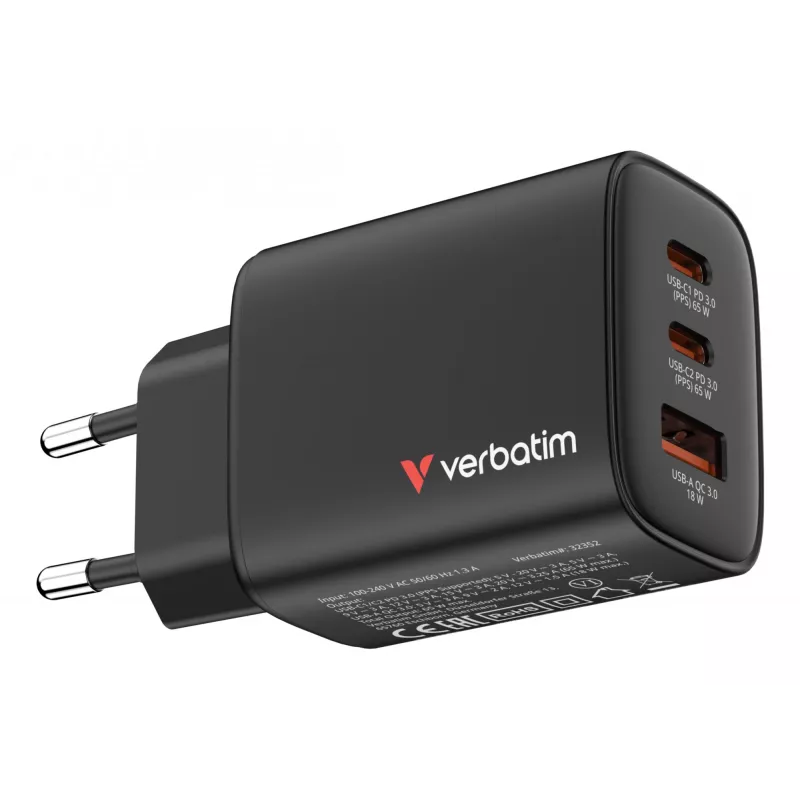 Verbatim Essentials GaN 65W EU kištukas juodas, įkroviklis, vidaus, kintamoji srovė, 20 V