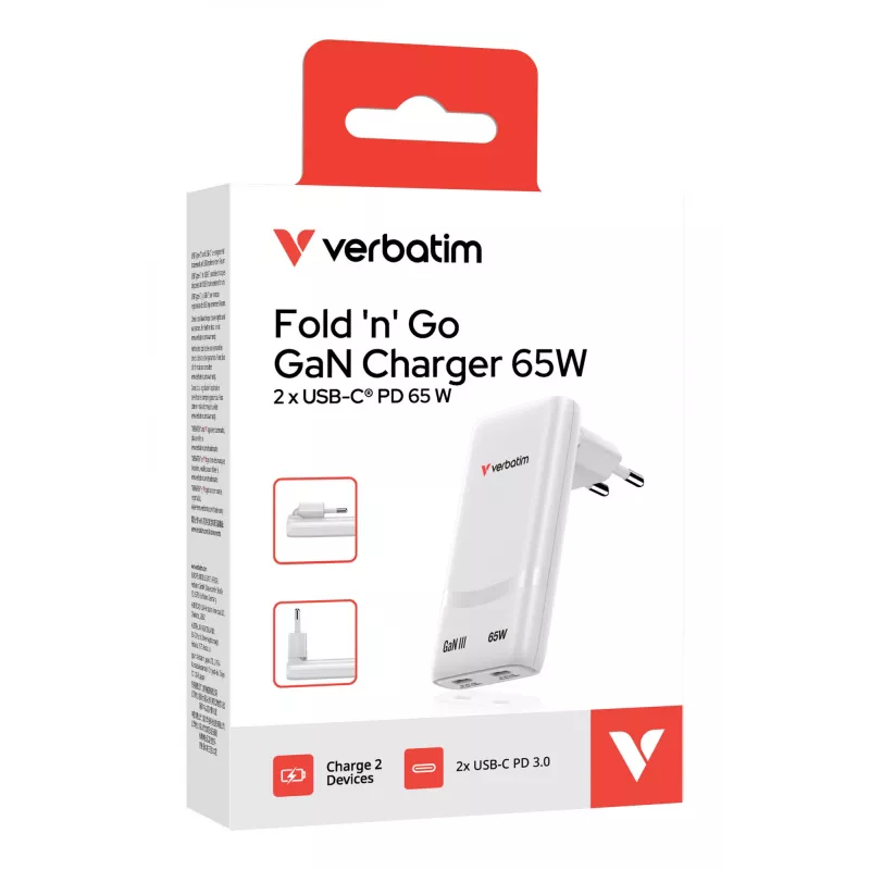 Verbatim Fold 'n' Go GaN įkroviklis 65W EU kištukas Baltas