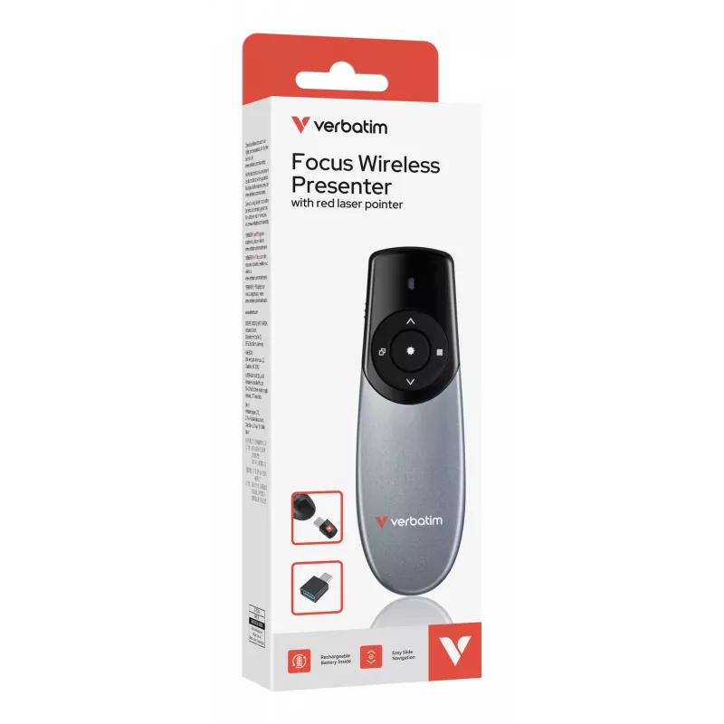 Verbatim Focus belaidis pristatymo įrenginys su raudonu lazeriniu žymekliu, RF, USB, 30 m, juodas, sidabrinis