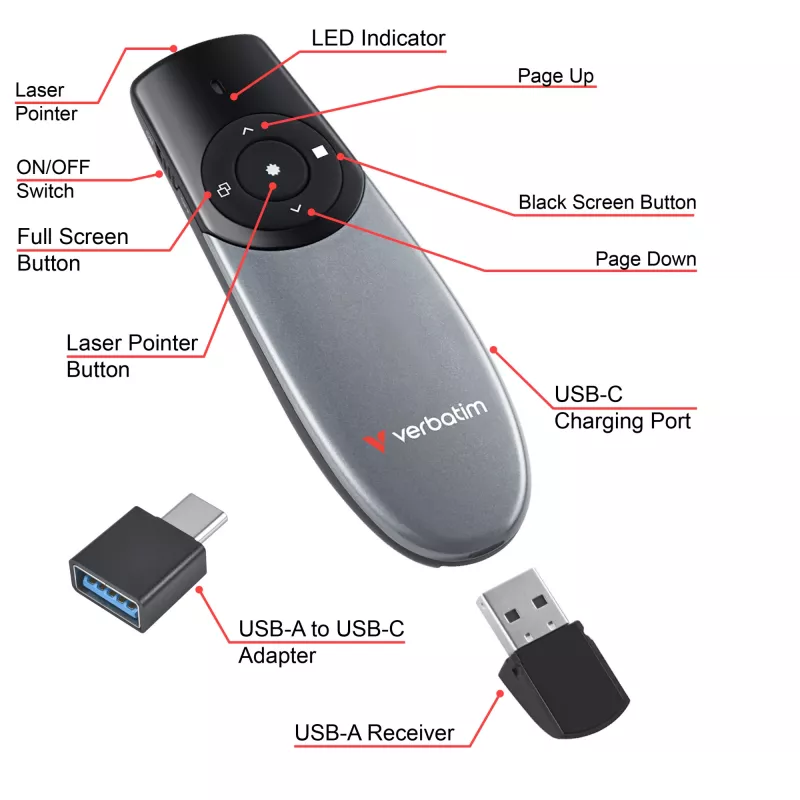 Verbatim Focus belaidis pristatymo įrenginys su raudonu lazeriniu žymekliu, RF, USB, 30 m, juodas, sidabrinis