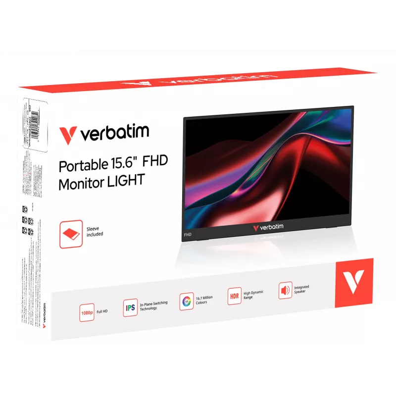Nešiojamas monitorius Verbatim 15.6 colio FHD LIGHT, 39,6 cm (15,6 colio), LCD, 1920 x 1080 pikselių, Full HD, 16:9, 10 ms