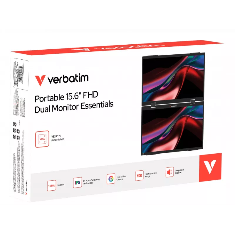 Verbatim Portable 15.6 inch FHD Dual Monitor Essentials, 39.6 cm (15.6 inch), LCD, 1920 x 1080 pikselių, Full HD, 16:9, 10 ms