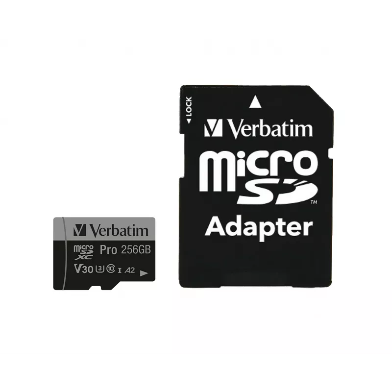 Verbatim Pro U3 256GB Micro SDXC kortelė, 256 GB, MicroSDXC, 10 klasė, UHS-I, 100 MB/s, 90 MB/s
