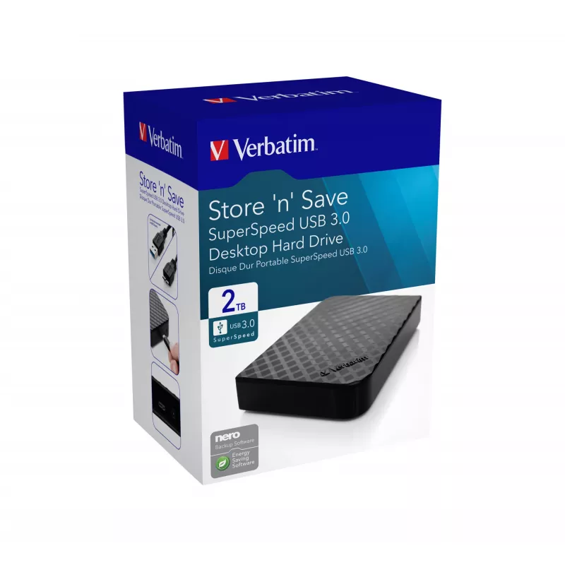 Verbatim Store 'n' Save 2TB USB 3.0, 2 TB, 3.2 Gen 1 (3.1 Gen 1), Juoda