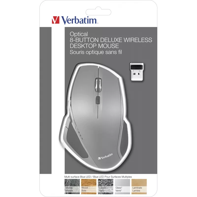 Verbatim 8 mygtukų belaidė pelė su Blue LED, RF Wireless, 1600 DPI, juoda, pilka