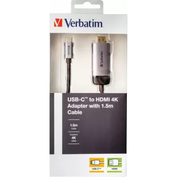Verbatim 49144 vaizdo kabelio adapteris 1,5 m USB Type-C HDMI juodas, sidabrinis