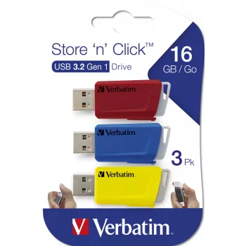 Verbatim Store 'n' Click 3x16 GB USB atmintukas - Raudonas/Mėlynas/Geltonas