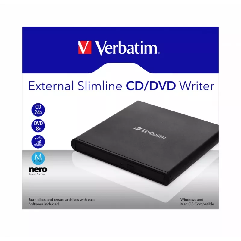Verbatim išorinis plonas CD/DVD įrašymo įrenginys DVD±RW juodas