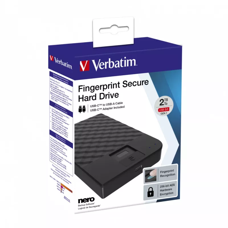 Verbatim Fingerprint Secure Portable Hard Drive 2TB, 2 TB, 3.2 Gen 1 (3.1 Gen 1), juoda
