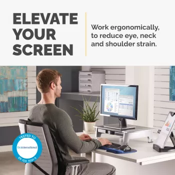 Fellowes kompiuterio monitoriaus stovas su 5 aukščio reguliavimo padėtimis - Office Suites monitoriaus pakėlimo stovas su laikymo lentyna - ergonomiškas reguliuojamas monitoriaus stovas - maks. svoris 36 kg / maks. dydis 28 coliai - grafitas