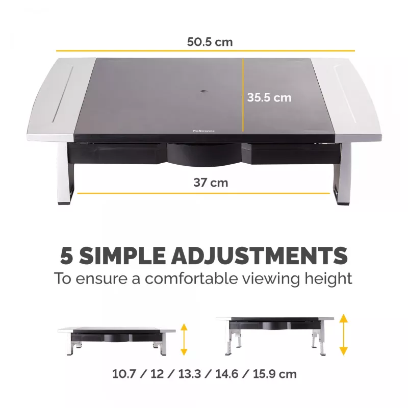 Fellowes kompiuterio monitoriaus stovas su 5 aukščio reguliavimo padėtimis - Office Suites monitoriaus pakėlimo stovas su laikymo lentyna - ergonomiškas reguliuojamas monitoriaus stovas - maks. svoris 36 kg / maks. dydis 28 coliai - grafitas