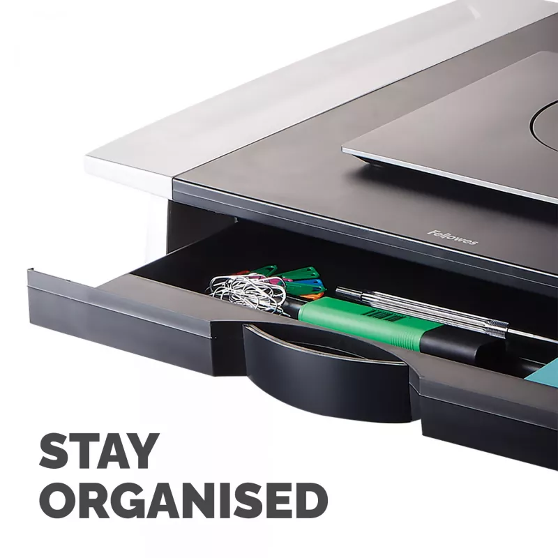 Fellowes kompiuterio monitoriaus stovas su 5 aukščio reguliavimo padėtimis - Office Suites monitoriaus pakėlimo stovas su laikymo lentyna - ergonomiškas reguliuojamas monitoriaus stovas - maks. svoris 36 kg / maks. dydis 28 coliai - grafitas